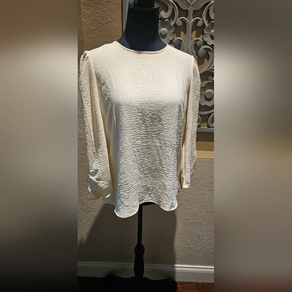 DKNY Women's Rouched 3/4-Sleeve Hammered Satin feel Top Small